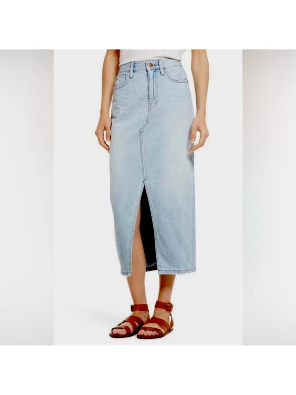 Madewell Retro Denim Midi High Split Skirt. LIGHT WASH